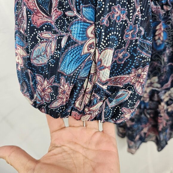 Sam & Jess Dress Blue Pink Metallic Floral Boho Tiered Chiffon Fairy Mini M - Picture 4 of 12